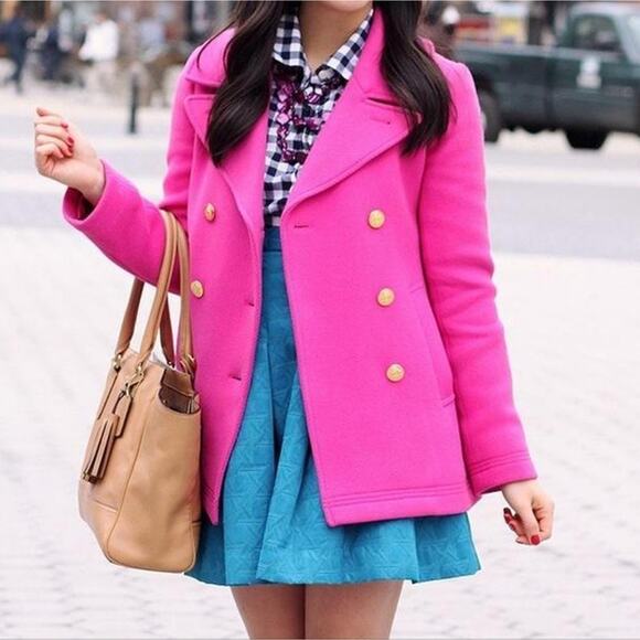 J. Crew majesty pea coat in hot pink stadium cloth blogger favorite size 2 - Picture 3 of 11